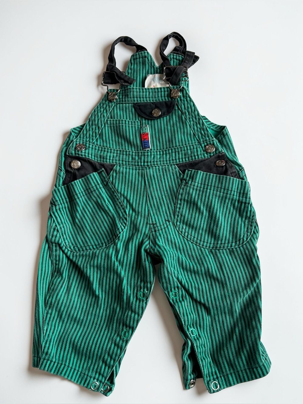 Vintage C.B. Kid Striped Overalls 12M Green Cotton Baby Romper